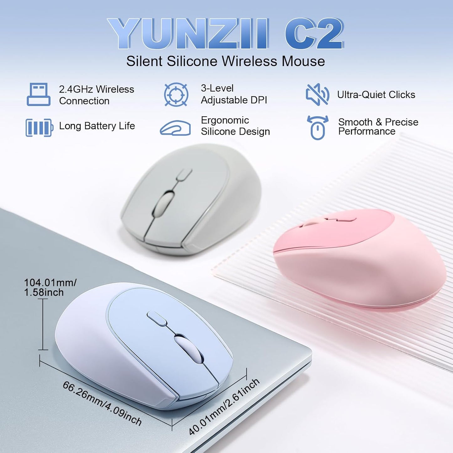 YUNZII C2 Silicone Wireless Mouse 1600 DPI Optical 2.4GHz (Blue) | 2.4GHz Connection, Noiseless Computer Mice, Quiet Clicks, 3-Level DPI, Up to 1600, Optical Tracking, for Laptop/PC/Mac