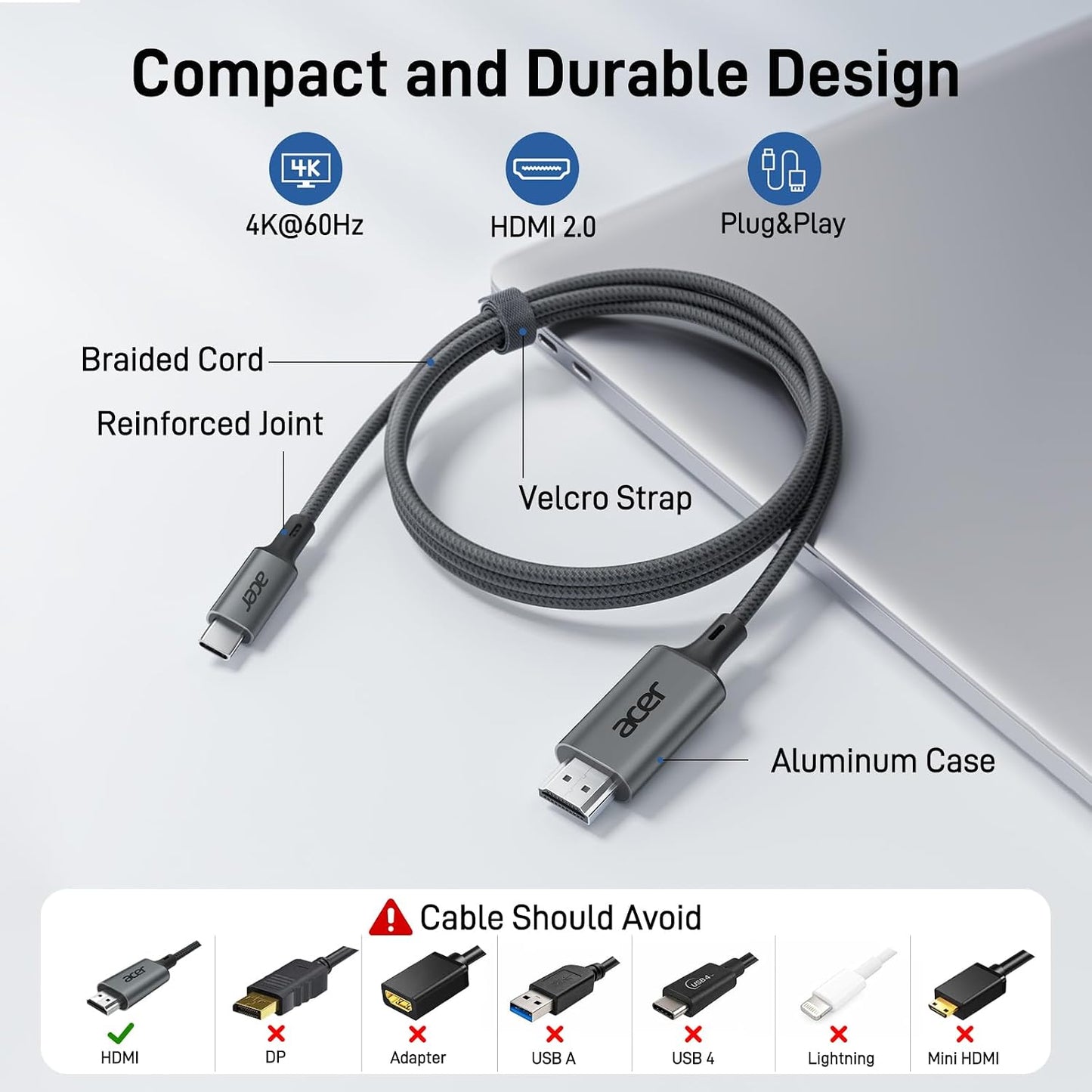 Acer USB C to HDMI Cable for Home Office 3.3FT (4K@60Hz) for Laptop | Thunderbolt 4/3 Support, High-Speed Type C to HDMI 2.0 Braided Cord Compatible for Acer, MacBook Neo, iPhone 17 Pro/Max, iPad