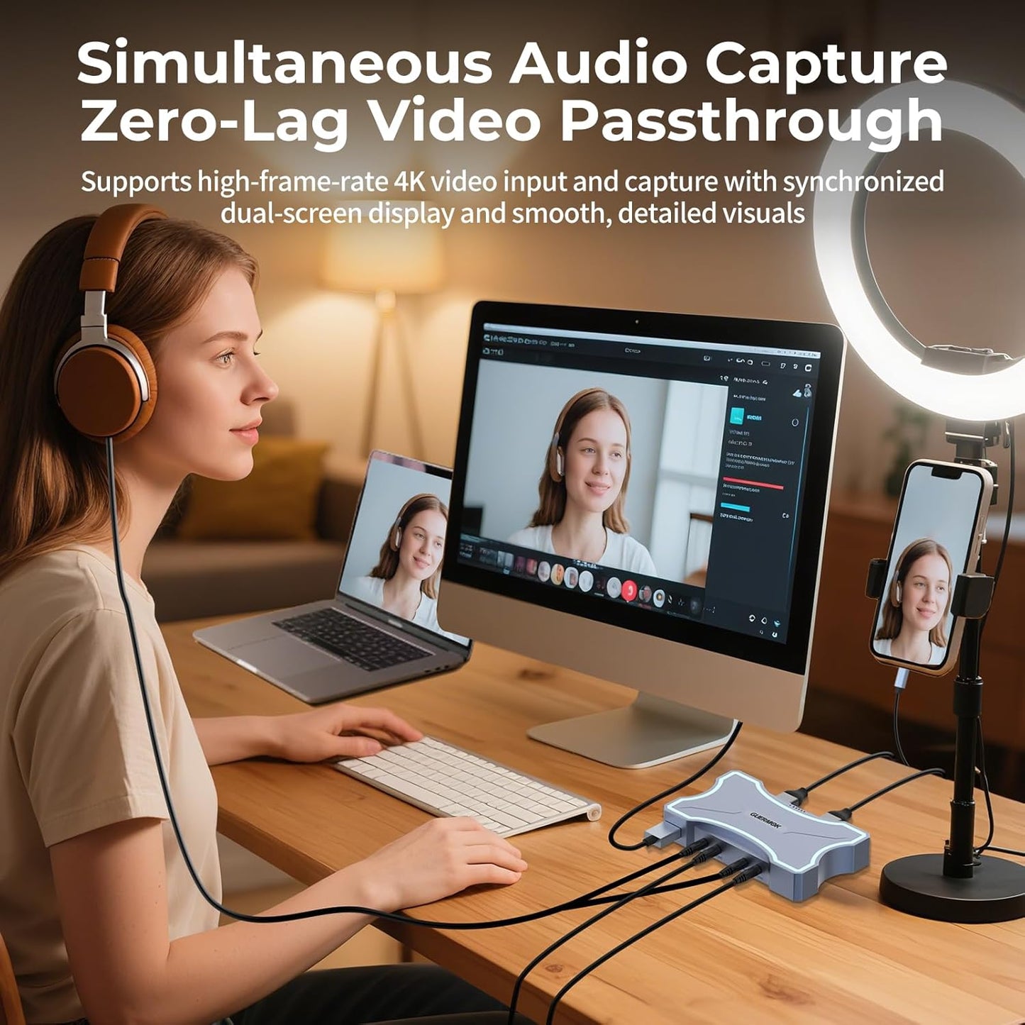 Guermok 4K@60Hz/ 2K@120Hz HDMI Video Capture Card with Touch LED, USB 3.0 | HDMI In/Loop-Out, Mic/Line In, 4K60 Passthrough, Live Game Capture for OBS Video Streaming, PS5/4, Xbox and Switch2/1 Gaming