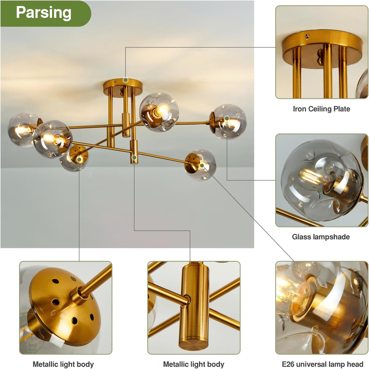 6-Lights Glass Globe Chandelier Modern Flush Mount Ceiling Light Fixture Gold Farmhouse Lighting for Dining Room Living Room Bedroom Kitchen Passageway.