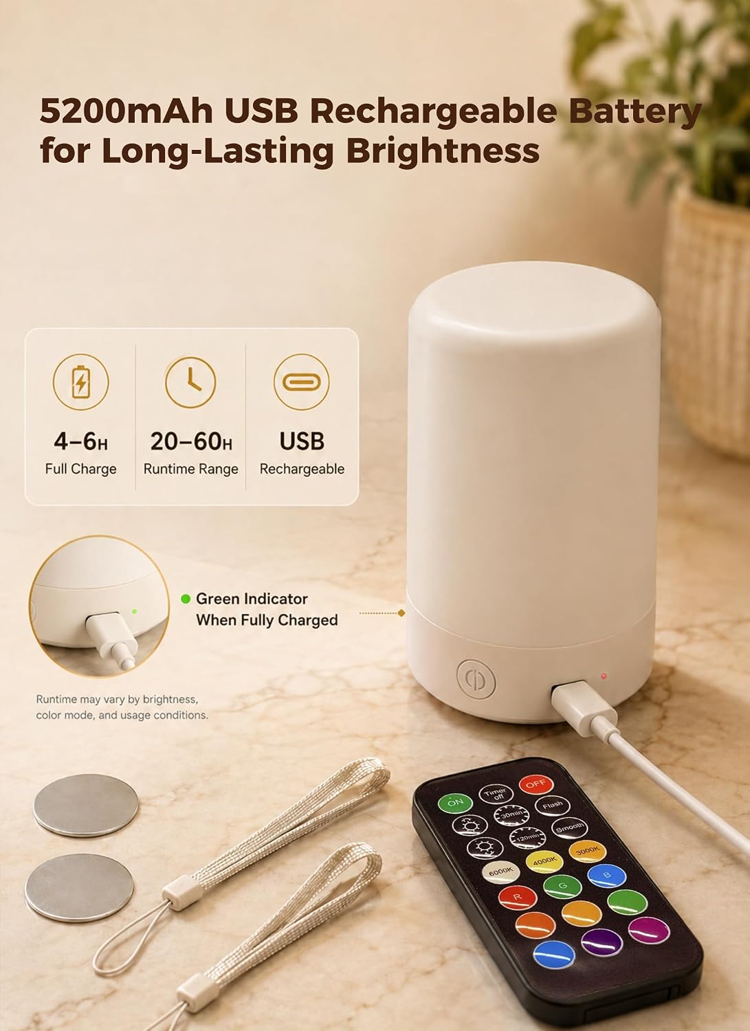 Brightown Upgraded 5200mAh E26 Rechargeable Light Bulbs with Remote Timer | 20–60H runtime, dimmable 3000K–6000K white light, 9 RGB colors, magnetic wireless design for lamps and sconces