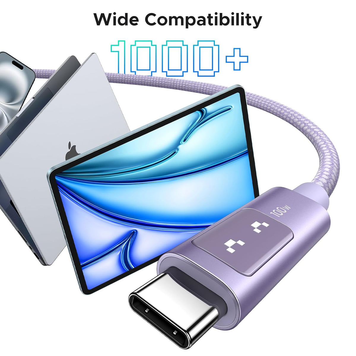 UGREEN Uno USB C Cable 100W with LED Display, Fast Charging, 10ft, Purple