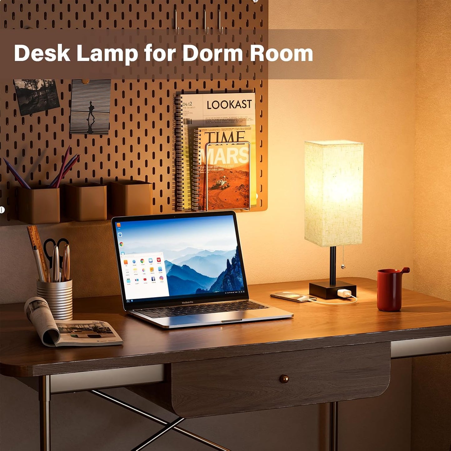Bedside Lamp for Bedroom Set of 2 - Small Table Lamp for Nightstand | AC Outlet, 3 Color Temperatures, LED Bulb Included, Pull Chain Design, 14" Rectangular Desk Lamp for Dorm/Office, 2-Pack