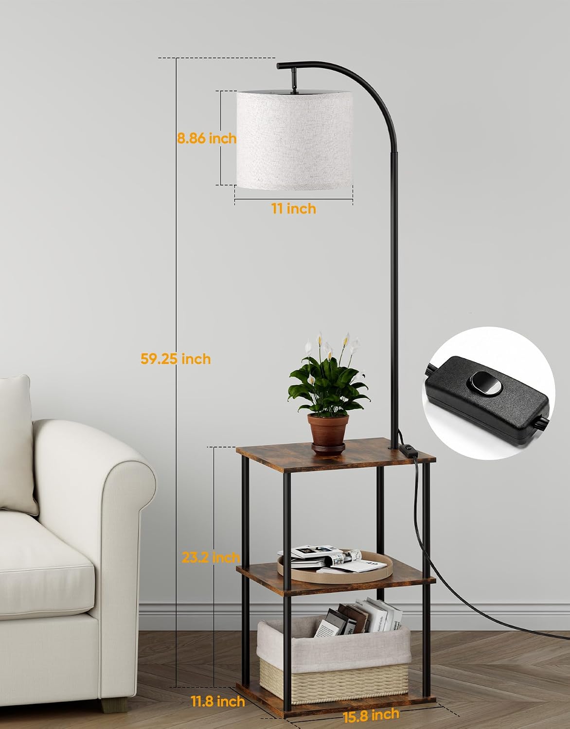 PARTPHONER Floor Lamp with Table, Night Stand with Lamp, Narrow Side Table with 3CCT LED Bulb, Small Coffee Table, Modern End Table with Storage Shelves for Living Room Bedroom Home Décor
