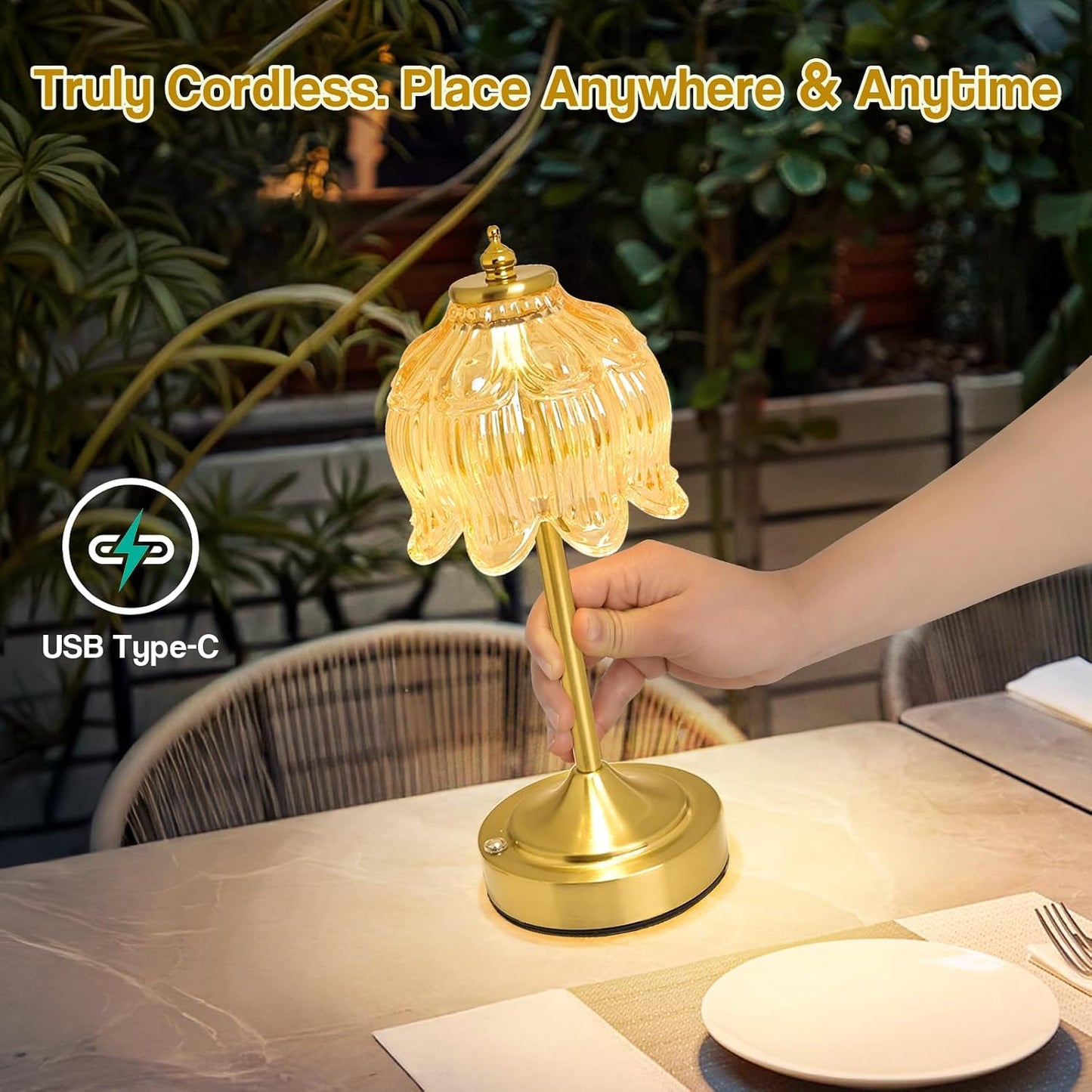 Cordless Lotus Flower Table Lamp, 5200mAh Rechargeable Battery Operated Portable Lamp, 3-Color Dimmable Touch Control Small Desk Lamp for Bedroom, Office, Kitchen, Nightstand,Room Decor (Flower Amber)