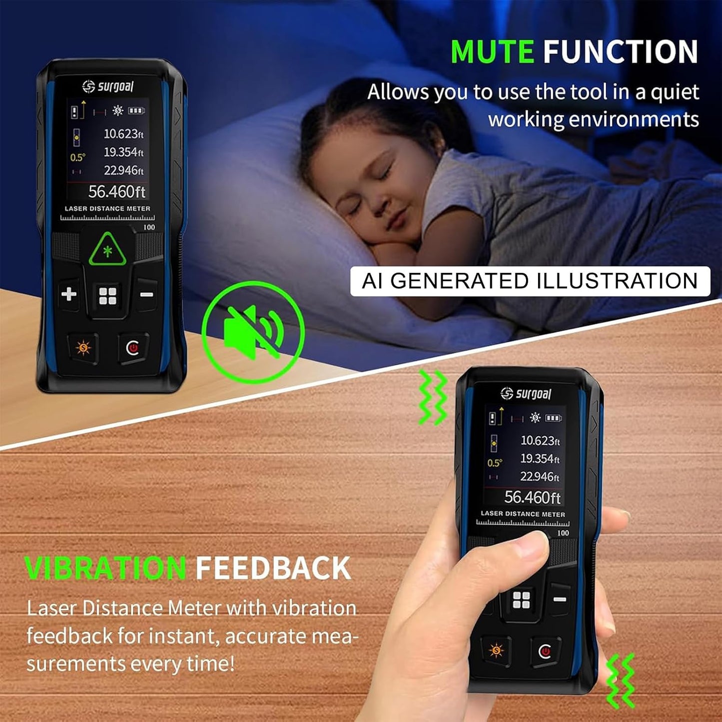 Green Laser Measure with Angle Sensor Rotating Color LCD Vibration