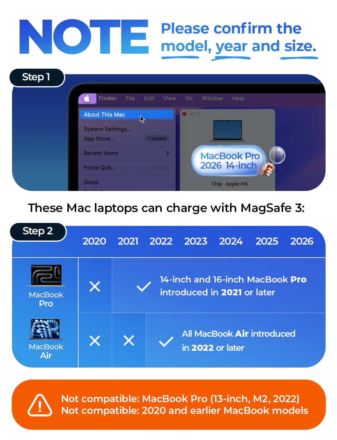 LISEN MacBook Charger USB-C to Magnetic 3 Cable (6.6FT) for M4/M3/M2 MacBook Pro Air M5 Charger, 140W Magnetic Safe 3 Cable Computer Laptop Cord for Pro (16"/14" 2026-2021) Air (15''/13'' 2026-2022)