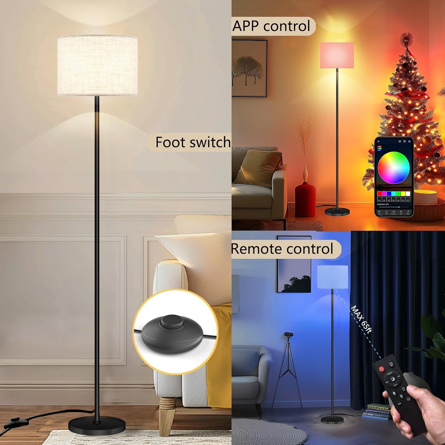 Qaubauyt Smart LED Floor Lamp with APP Control & RGB Colors - Dimmable Standing Lamp for Living Room, Bedroom, Gaming - Remote, Timer, 9W Bulb Included, 60.6" Modern Tall Lamp (Beige)