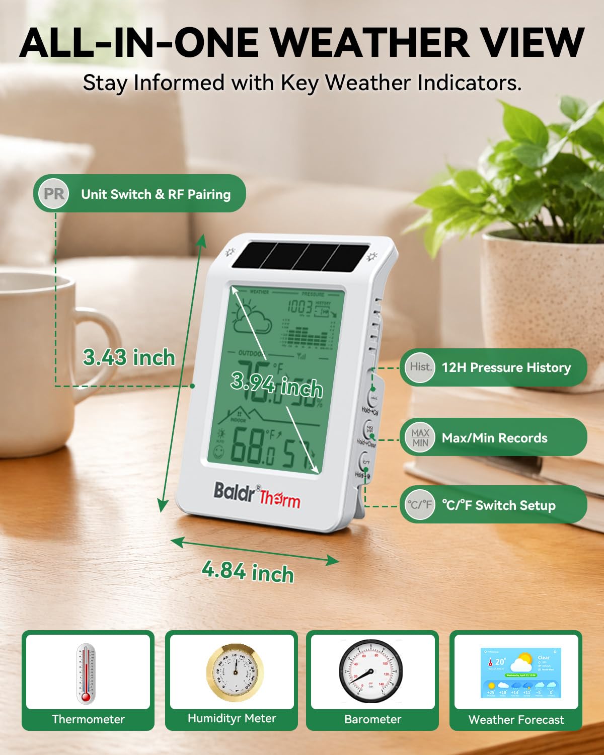 Indoor Outdoor Thermometer Wireless Solar Weather Station with Backlight