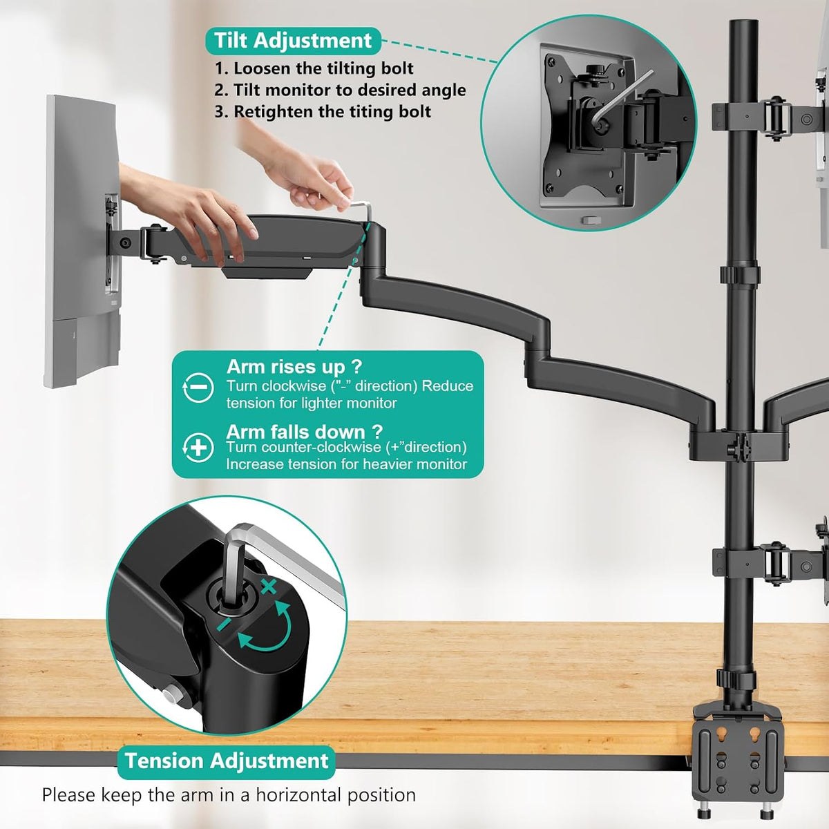 WALI Stacked 4 Monitor Mount for 13-27 inch Screens, 19.8 lbs per Arm
