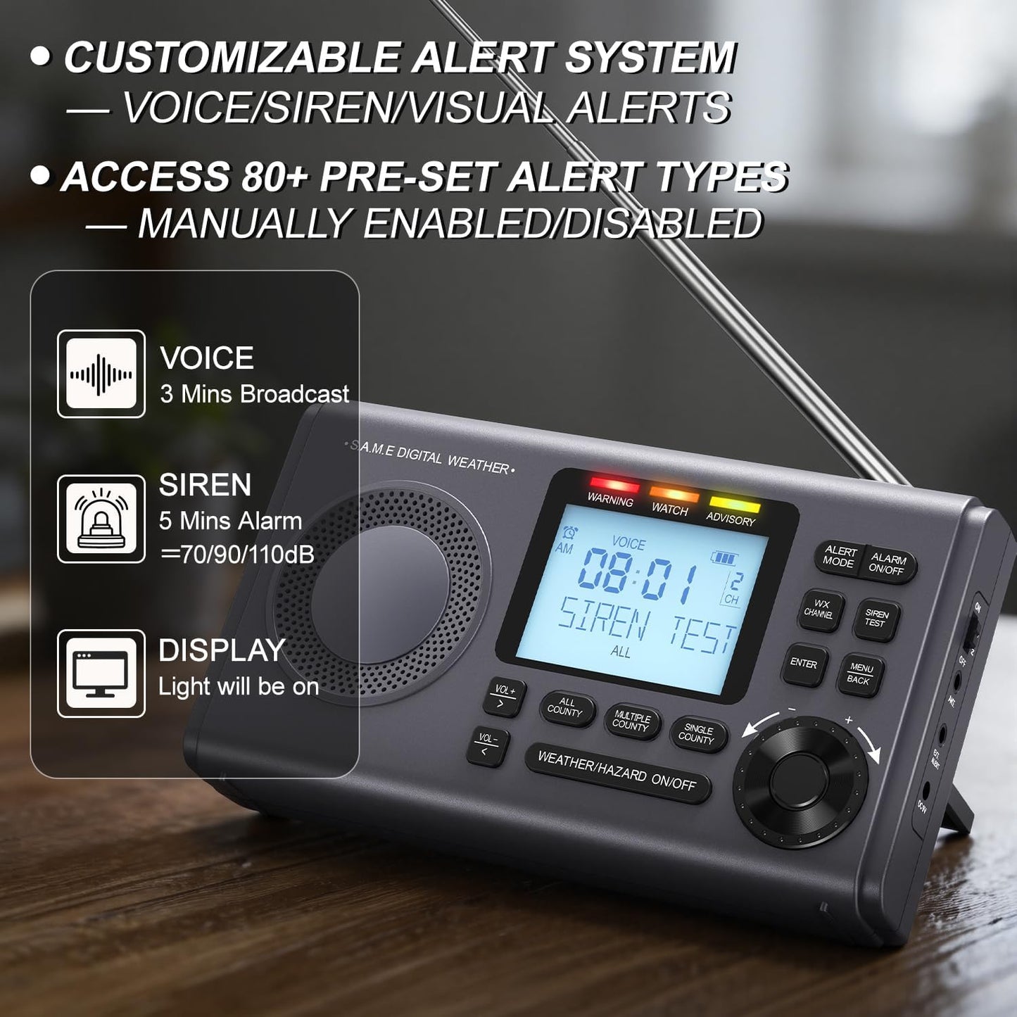 RunningSnail NOAA Weather Radio with 80+Emergency Alerts, 23 S.A.M.E Localized Programming County Codes, Battery Backup, Alarm, Selectable Alert Tone (with External Antenna & External Warning Light)