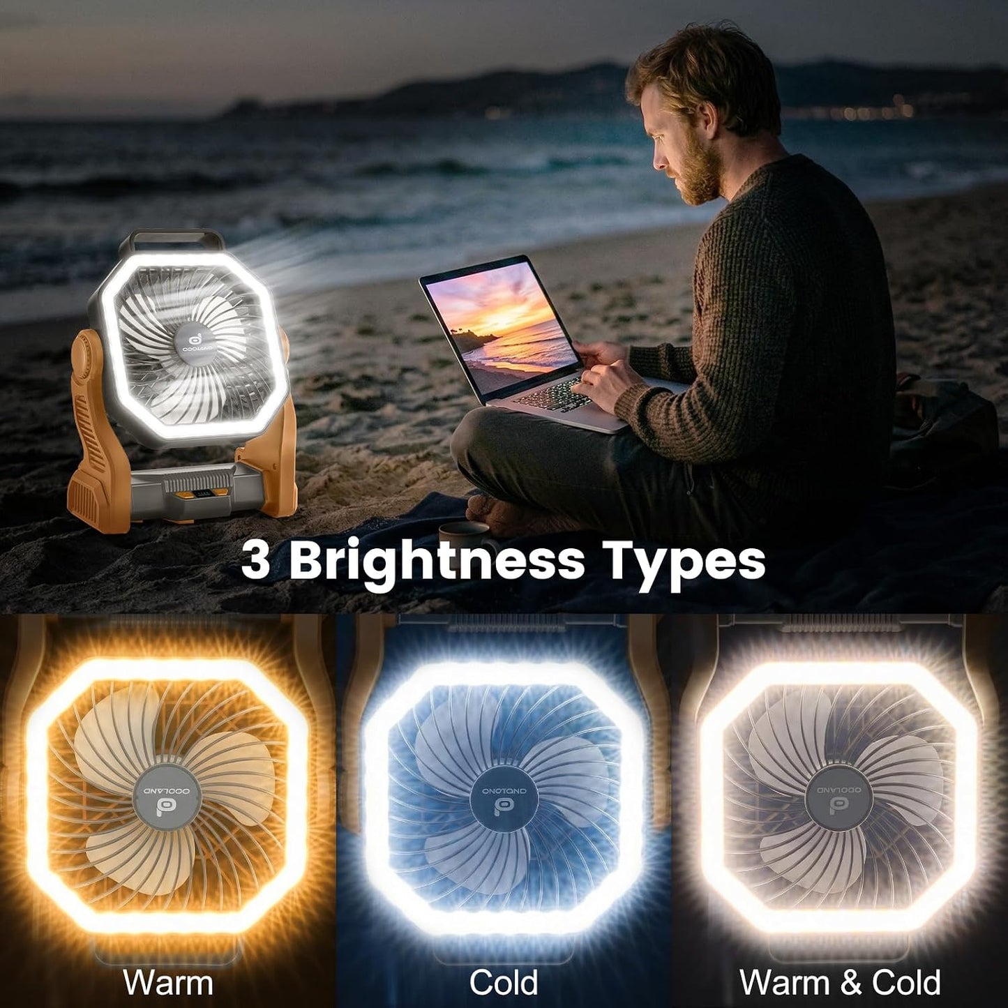 Odoland Portable Rechargeable Fan, 20000mAh Camping Fan with LED Lantern | 4-Speed Airflow & 3-Color Light Oscillating Fan with Hanging Hook for Tent Car Beach Hurricane Power Outage, Brown