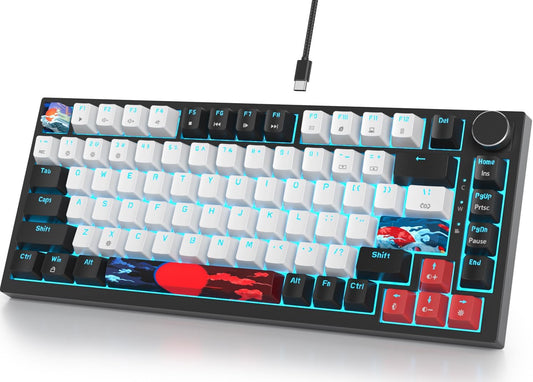 Fogruaden Wired 75% Percent Mechanical Keyboard, Hot Swappable, Red Switch, TKL Mechanical Keyboard, Gasket Mount, RGB Backlit NKRO Compact Gaming Keyboard with Volume Knob(Blackwhite)