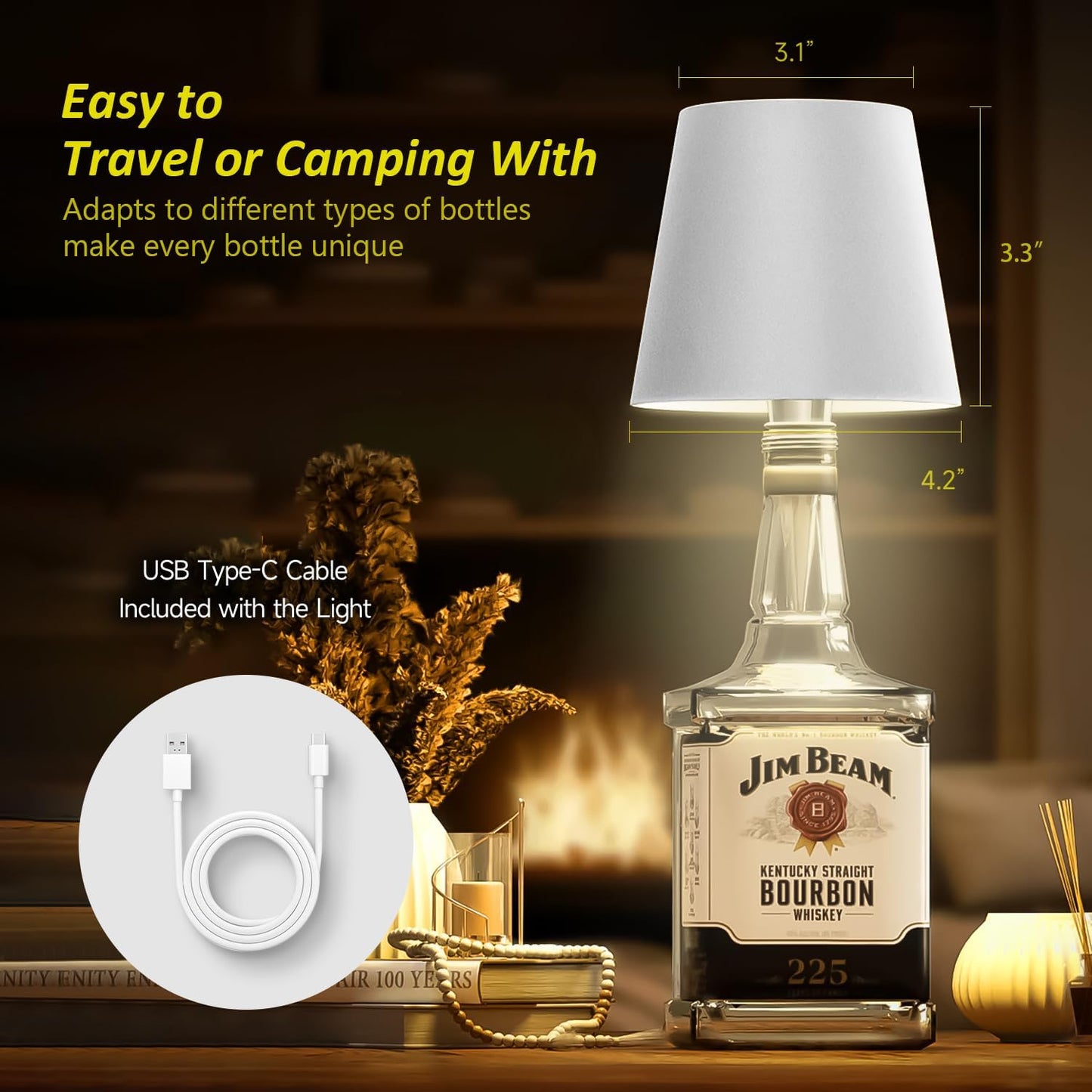 2025 New Wireless Bottle Lamp - LED Bottle Lights for Liquor & Wine Bottles, Cordless Lampshade, Whiskey Bottle Top Light, Bottle Stopper Night Light Kit, Rechargeable 3-Tone Touch-Dimmable 2 PCS