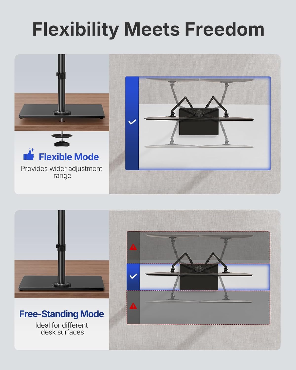 HUANUO Free Standing Dual Monitor Stand for 13-32 Inch Monitors, Glass Base | Free Standing Base, Two Setup Options, Adjustable Dual Arms, 22 lbs per Arm, VESA 75x75/100x100mm, Easy Portrait Rotation