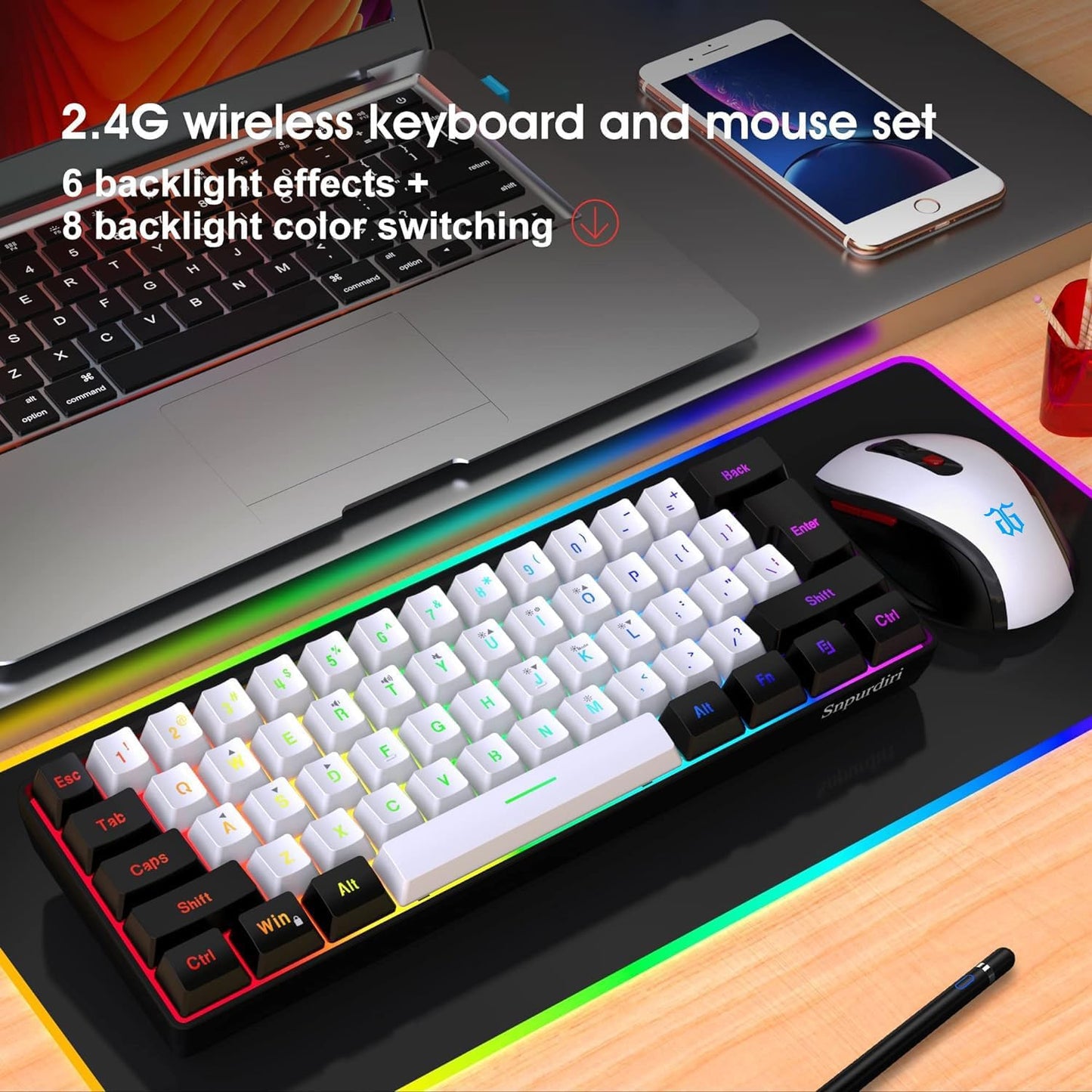 Snpurdiri 2.4G 60% Wireless Gaming Keyboard and Mouse Combo, Black-White | Include Mini 60% Gaming RGB Backlit Keyboard, Ergonomic Vertical Feel Small Wireless Mouse