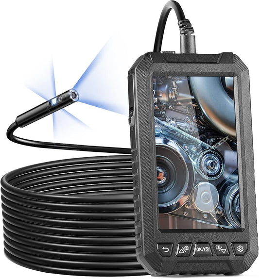 VEVOR Endoscope Camera with Light, Triple Lens Industrial Borescope, 5" Screen 1080P Inspection Camera, 8 + 2 Lights, IP67 Waterproof Snake Cameras for Automotive, Plumbing (16.4FT Cable, 32GB Card)