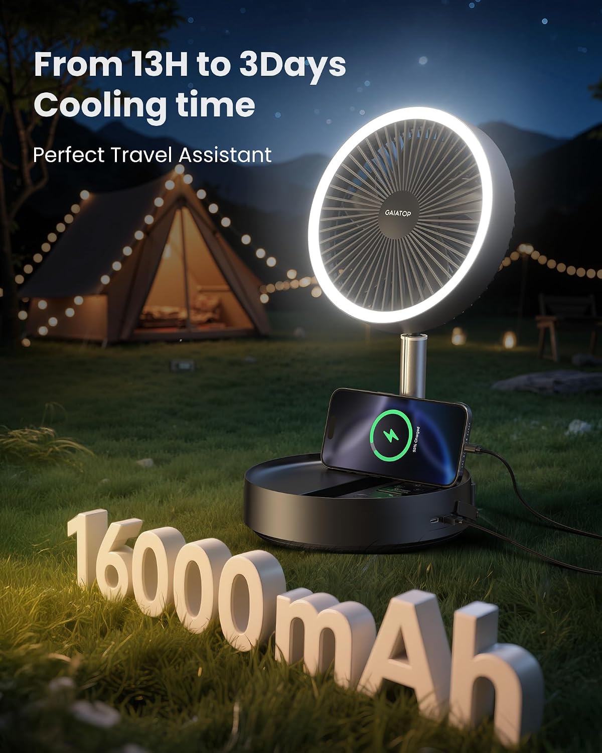 Gaiatop Portable Pedestal Fan 16000mAh Battery [Max 74h Runtime], Foldable Oscillating Standing Fan, Collapsible Desk Fans, LED Light, Case & Remote Control 4 Speeds for Outdoor Travel Camping (Black)