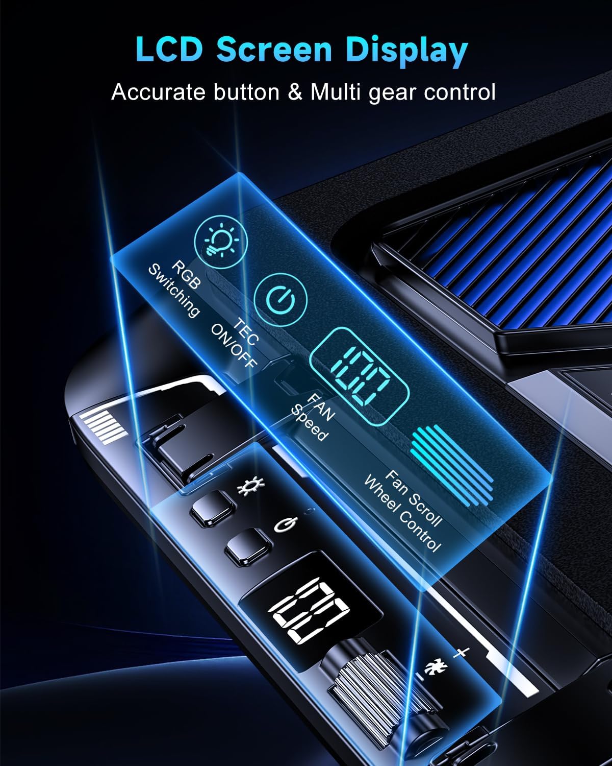 Laptop Cooling Pad with Dual Core Cooler, Gaming Laptop Cooler with 5.5in 2 Powerful Turbofan(9500 RPM), Fast Cooling Laptop 12-21in, 5 Height Stands, 100 Gear Speed, LCD Screen, RGB, Phone Holder