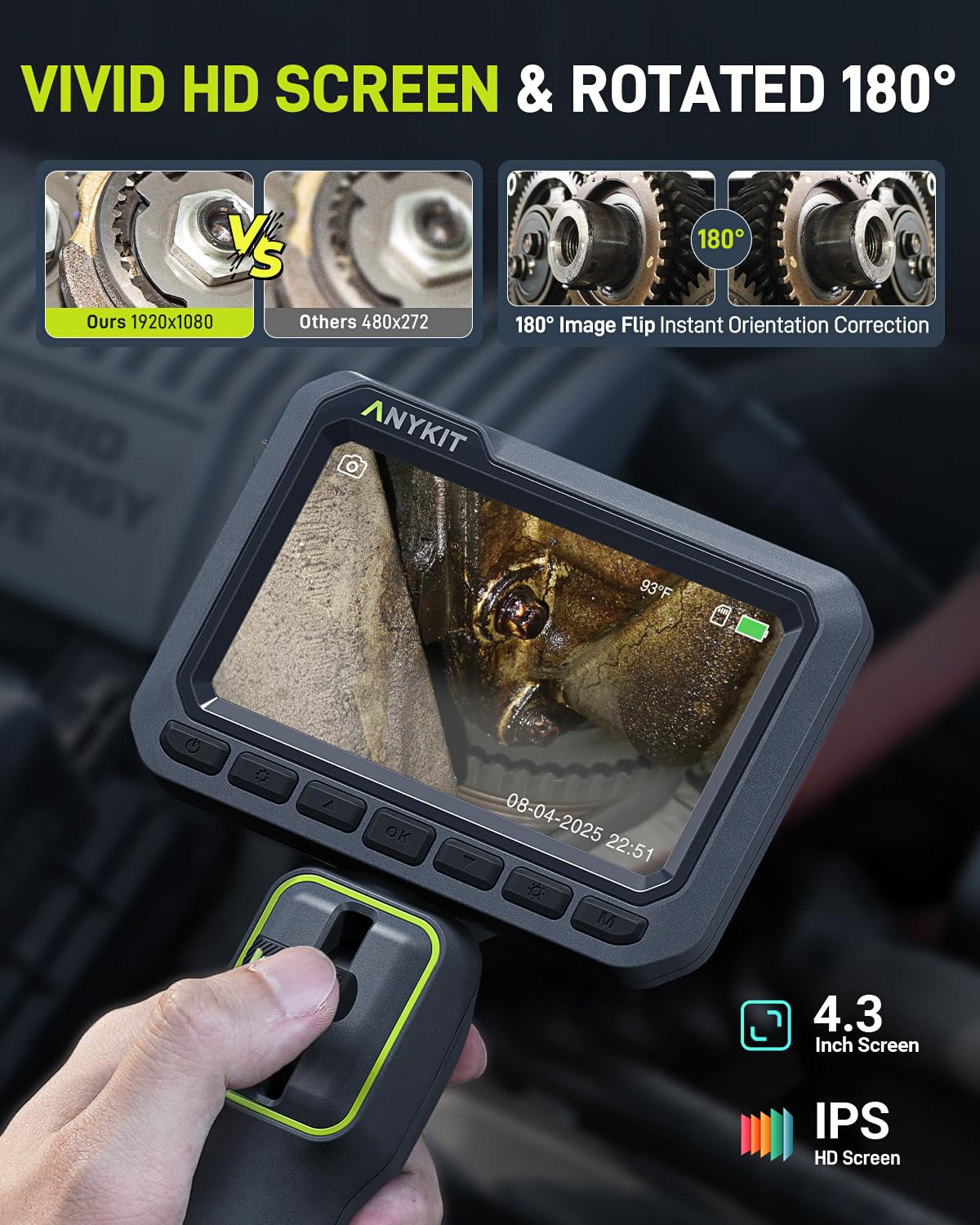 Anykit 210° Two-Way Articulating Borescope, 0.22in Slim Probe Endoscope | 4.3" IPS HD Video Inspection Snake Camera with High-Brightness LED Lights, for Automotive Engine Inspect - 4FT