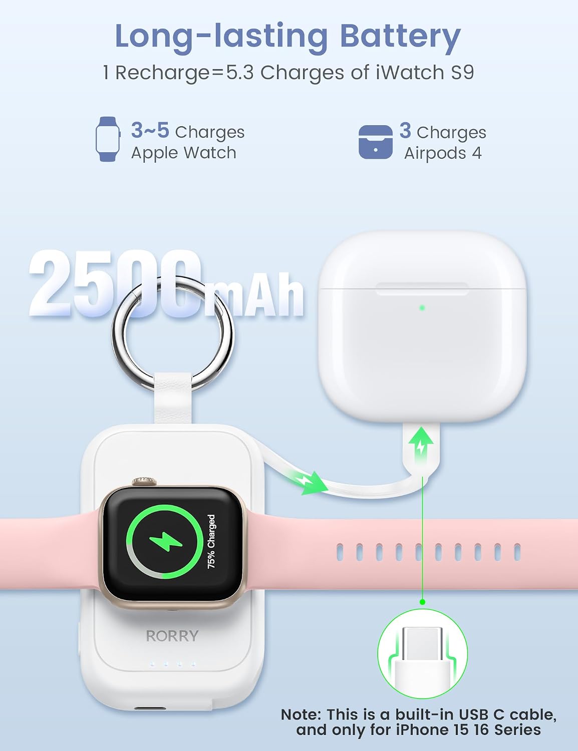 RORRY CharmGo for Apple Watch Charger, 2500mAh Portable Charger for iWatch | Fast Charging Travel Keychain Charger with Built-in USB C Cable for Apple Watch Ultra Ultra Series 11 10 9 8 7 6 3 2