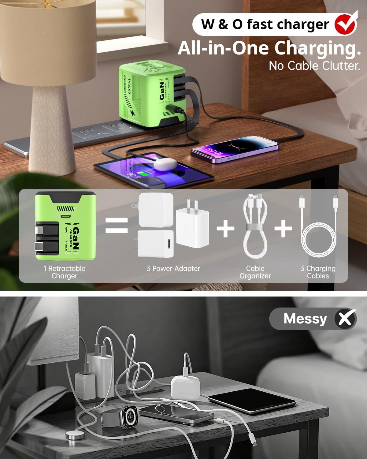 W & O 60W Gan Fast Charger Wall Plug, Built-in Retractable USB-C & L Cables | Retractable Wall Charger with 47.2" Cables, One Pull Charging, No Cable Mess Solution for iPhone 17/16/15, Galaxy S25/S24