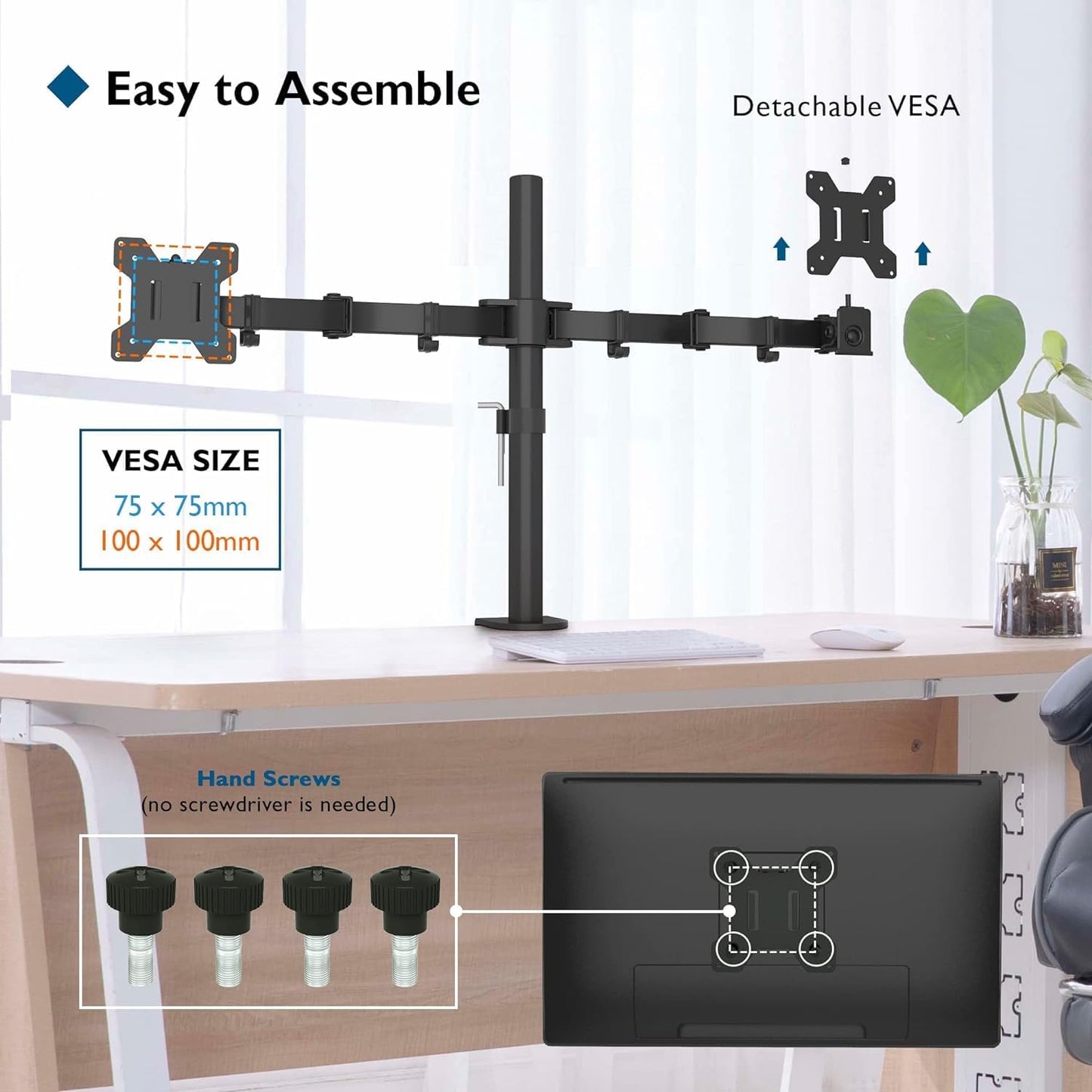 BONTEC Dual Monitor Desk Mount, 13-27 Inch, 22lbs, VESA 75x75/100x100,Black | Full Motion Adjustable Stand, Heavy Duty Arms, C Clamp and Grommet Base, Cable Management for Flexible Screen Positioning