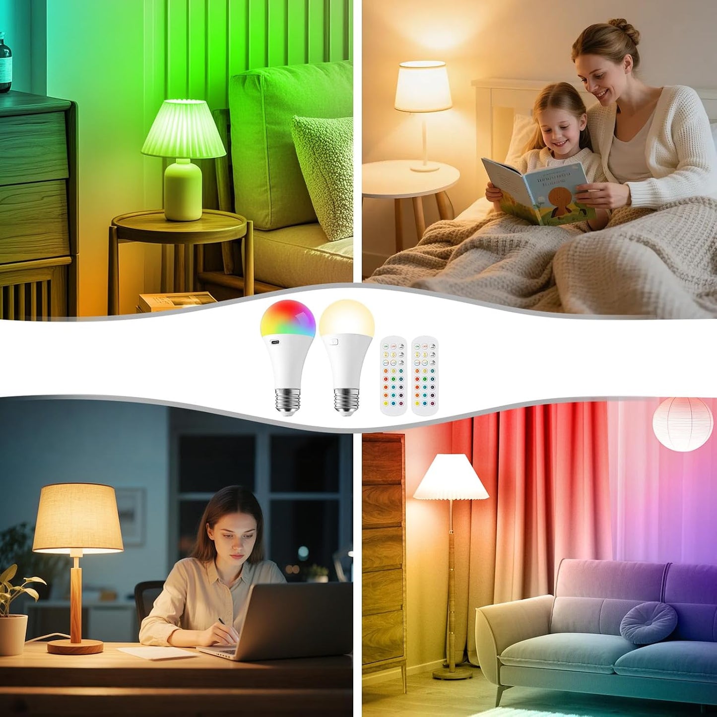 2Pack E26 Rechargeable Light Bulbs with Remote, A19 40W Equivalent Bulb, Soft Warm White 2700K, 400LM Dimmable 5W LED Light Bulb with 15 Colors 3 Timer for Non-Wired Lamp Sconce, Touch, Remote Control
