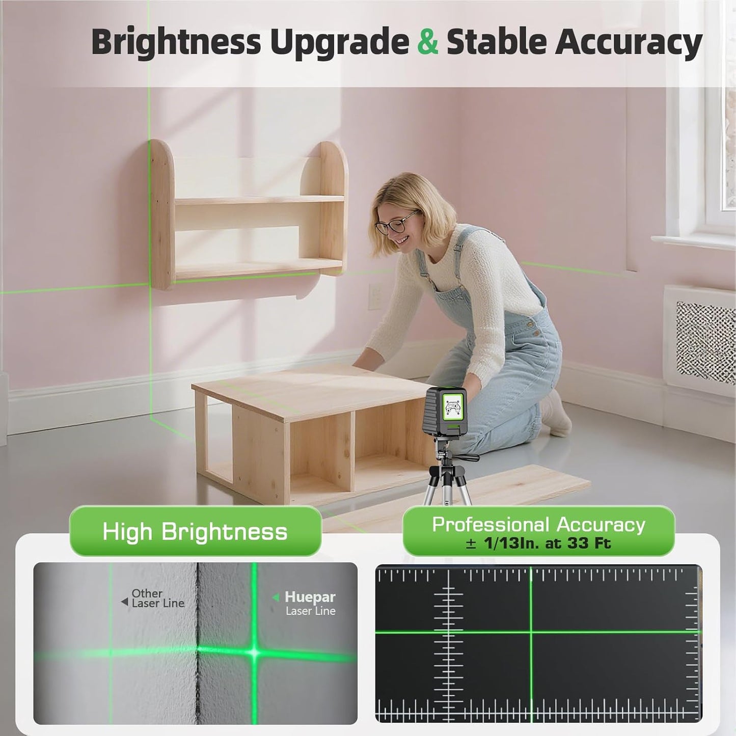 Laser Level with 40in Tripod, Huepar 150°/150Ft Self Leveling Lazer Leveler Tool with Pulse Mode (197Ft), Switchable Green Cross Line for Picture Hanging, Tile, DIY/Construction Project