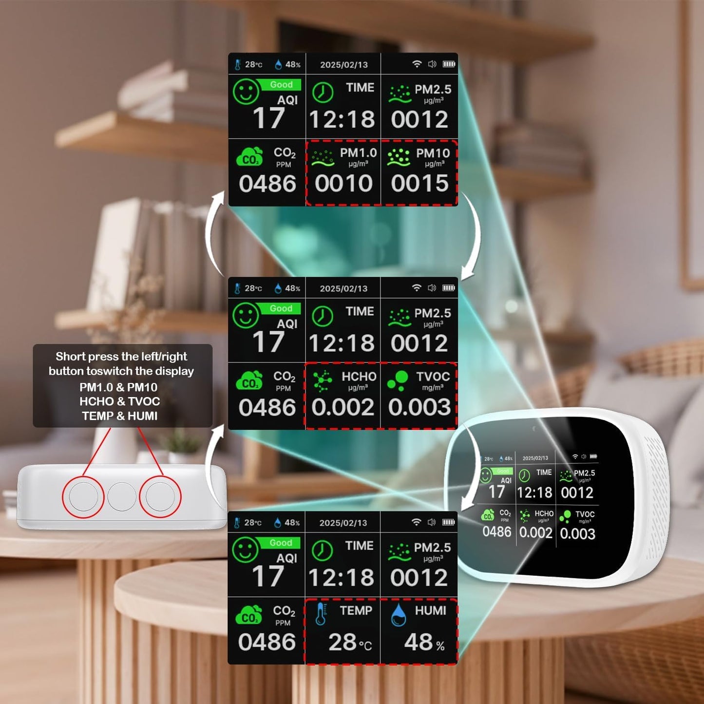 18-in-1 Smart Air Quality Monitor, WiFi Indoor Air Detector with Dual Chip, Real-Time Monitoring for AQI, CO2, PM2.5, PM1.0, PM10, TVOC, HCHO, Time, Temperature and Humidity with APP