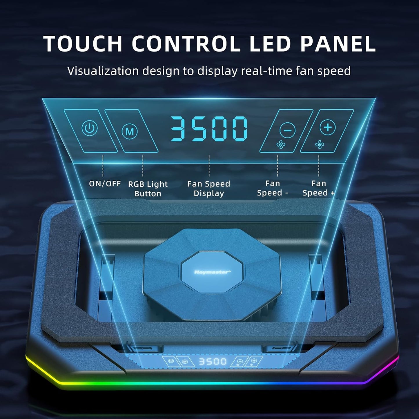 RGB Laptop Cooling Pad with LED Touch Screen, 3500 RPM Turbofan Notebook Cooler for 12-21 Inch Gaming Laptops, 3-Port USB Hub, Adjustable Stand to Prevent Overheating & Boost Performance