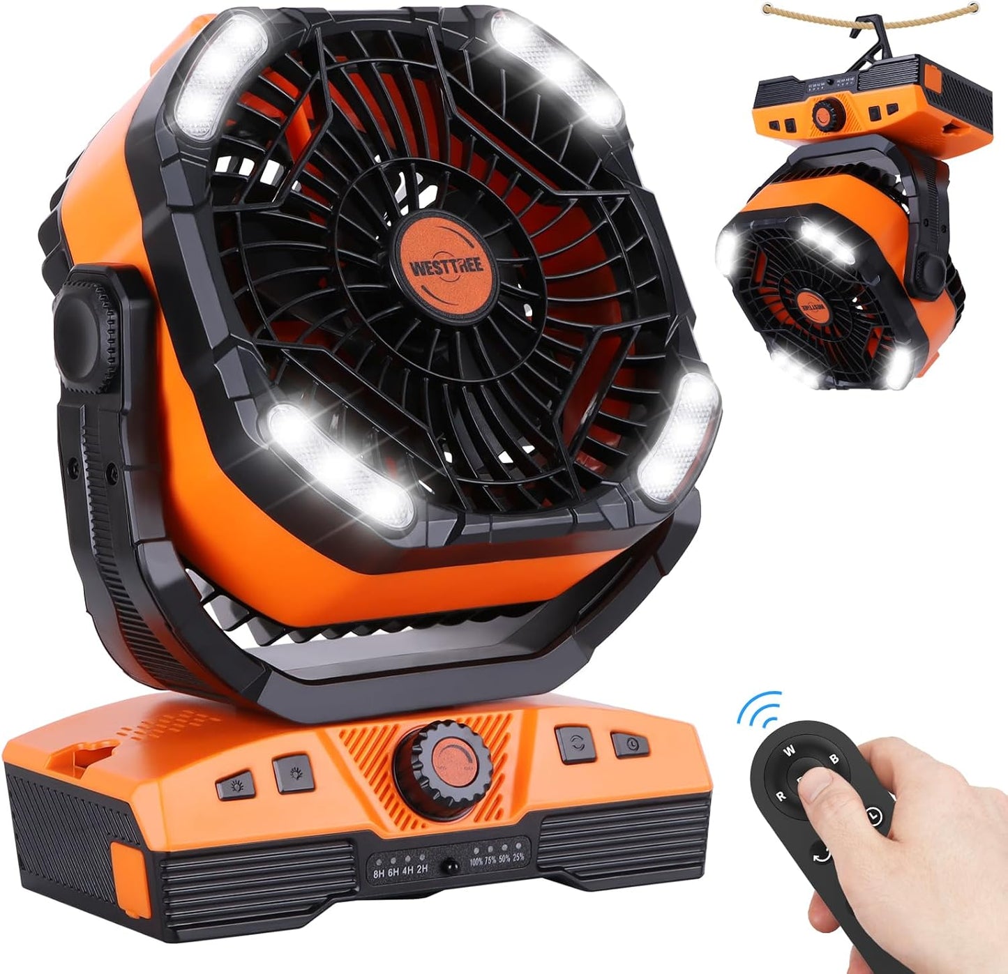 WESTTREE Camping Fan Oscillating Portable Fan Battery Powered Fans Rechargeable Camping essentials with Light Hook, 270° Pivot USB Desk Battery Operated Outdoor Tent Travel