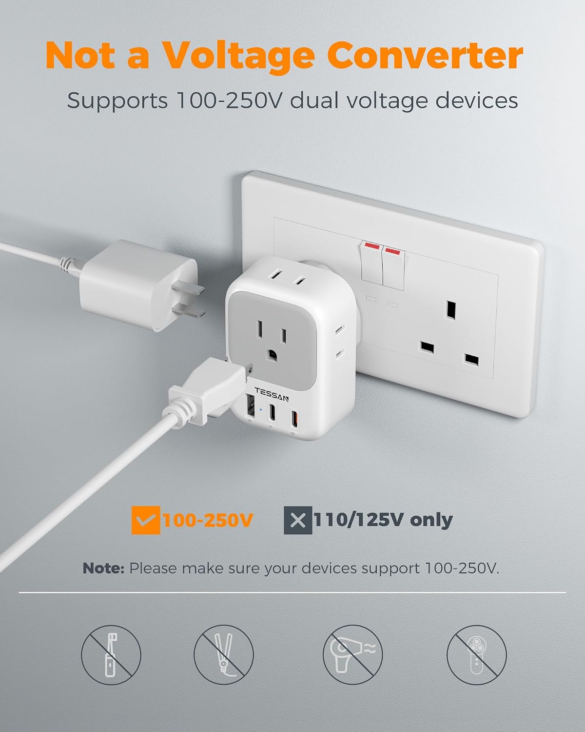 TESSAN UK Travel Adapters PD 20W, 2 Pack Type G | 4 Outlets 3 USB (2 USB-C), US to UK Ireland London Scotland England, Kenya Dubai Singapore Hong Kong