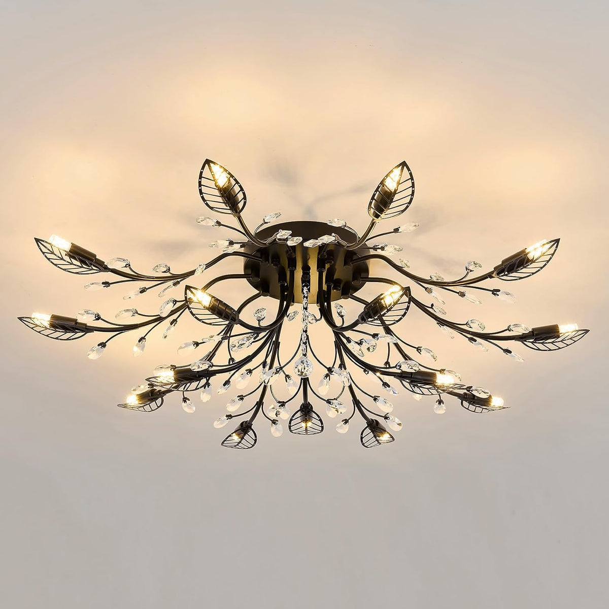 CVKASH 15 Light Vintage Small Crystal Chandelier Modern Branche Semi Flush Mount Ceiling Light Fixture Black Chandelier Lighting for Kitchen Bedroom Living Room Dining Room Hallway Foyer