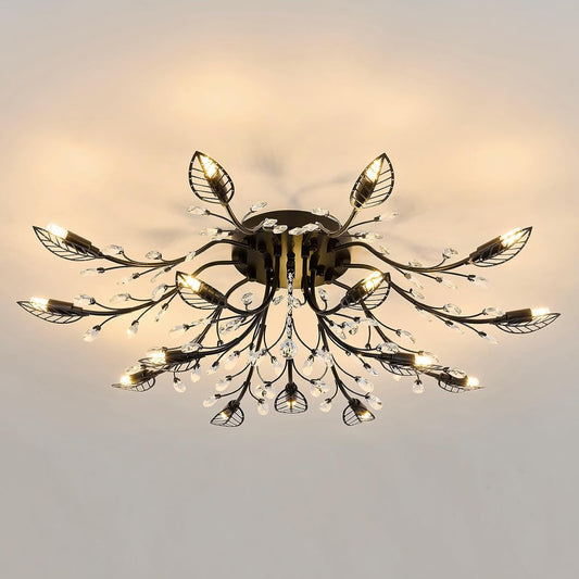 CVKASH 15 Light Vintage Small Crystal Chandelier Modern Branche Semi Flush Mount Ceiling Light Fixture Black Chandelier Lighting for Kitchen Bedroom Living Room Dining Room Hallway Foyer