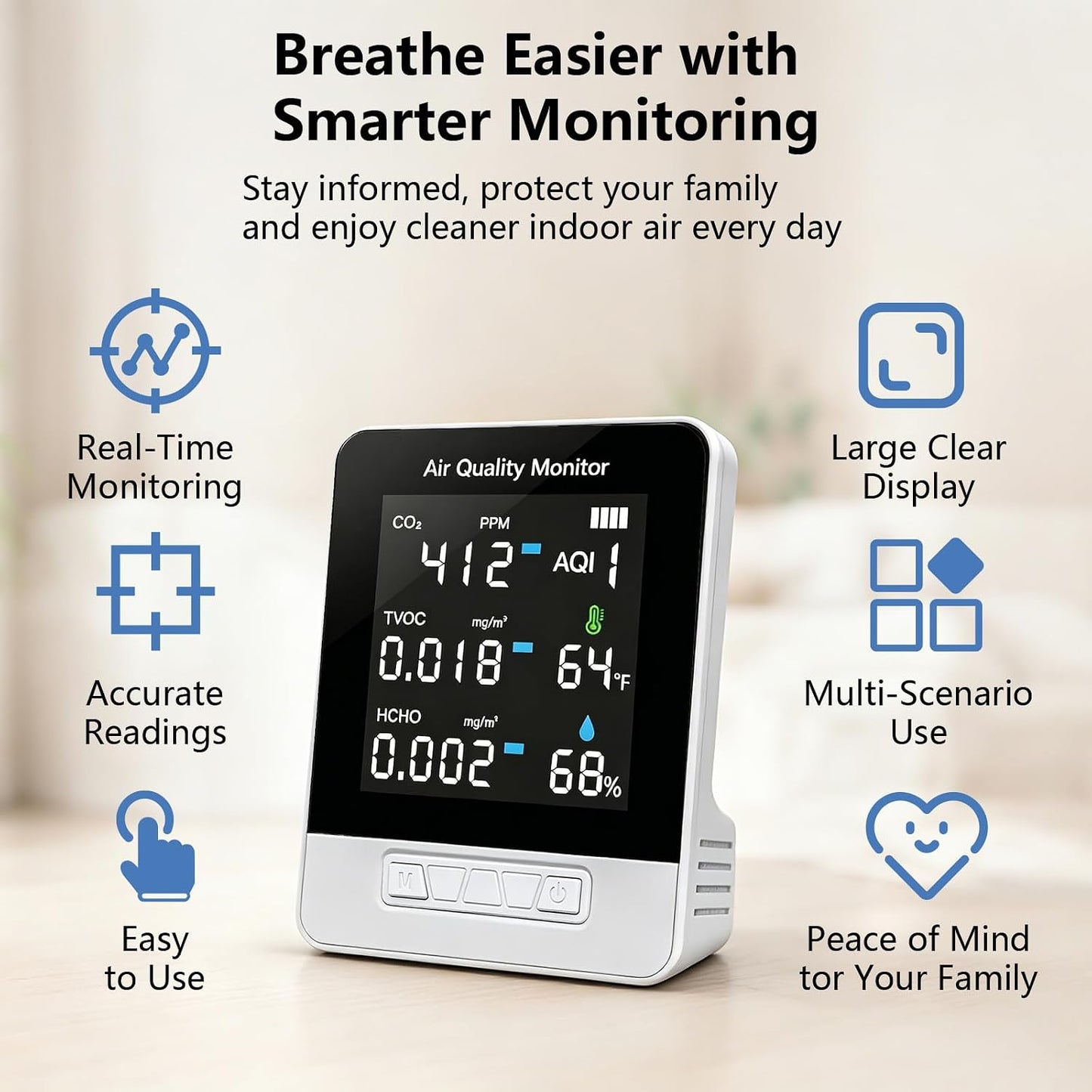 6-in-1 Air Quality Monitor, Smart Indoor CO2 Detector & HCHO TVOC AQI Tester, Accurate Temperature Humidity Meter with Color Display for Home, Bedroom, Office, Car, USB Powered