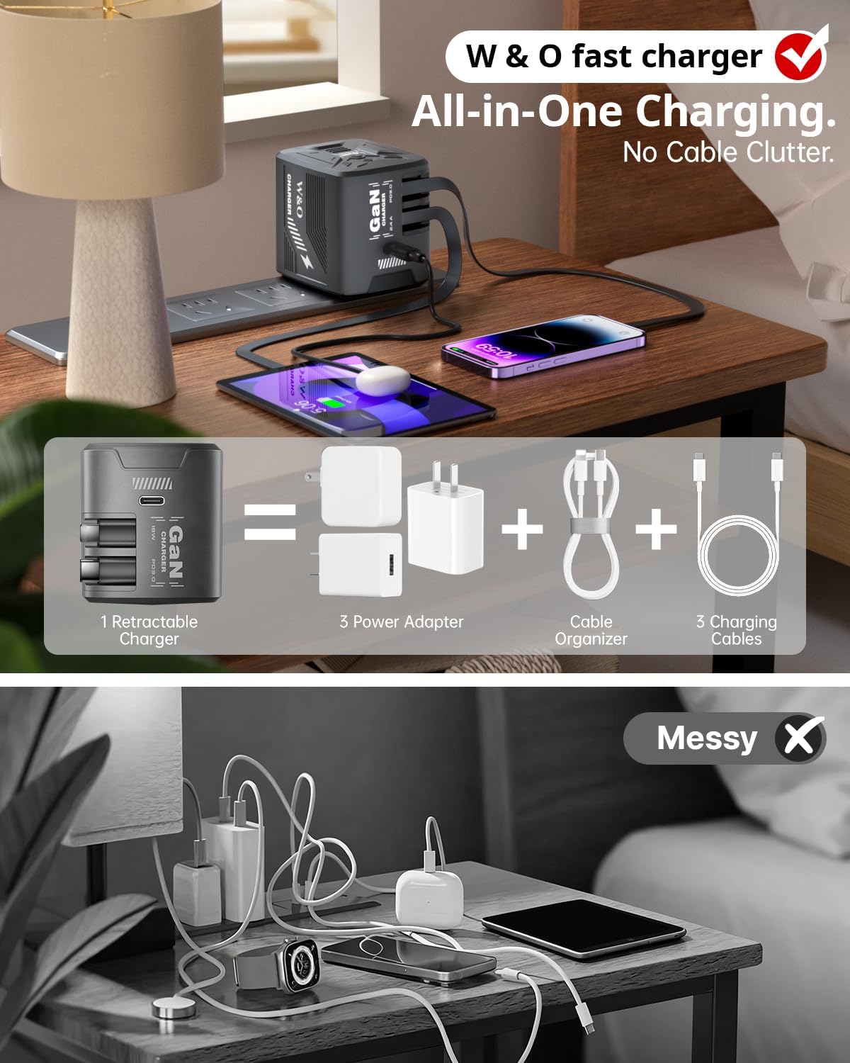 W & O 60W GaN Fast Charger Wall Plug, Built-in Retractable USB-C & L Cables | Retractable Wall Charger with 47.2" Cables, One Pull Charging, No Cable Mess Solution for iPhone 17/16/15, Galaxy S25/S24