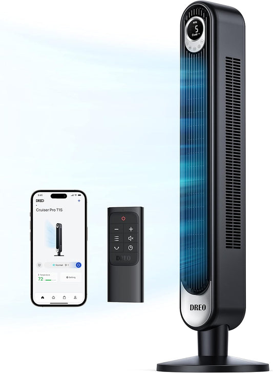 DREO Smart Tower Fan for Bedroom, Floor Standing Bladeless Oscillating Fan