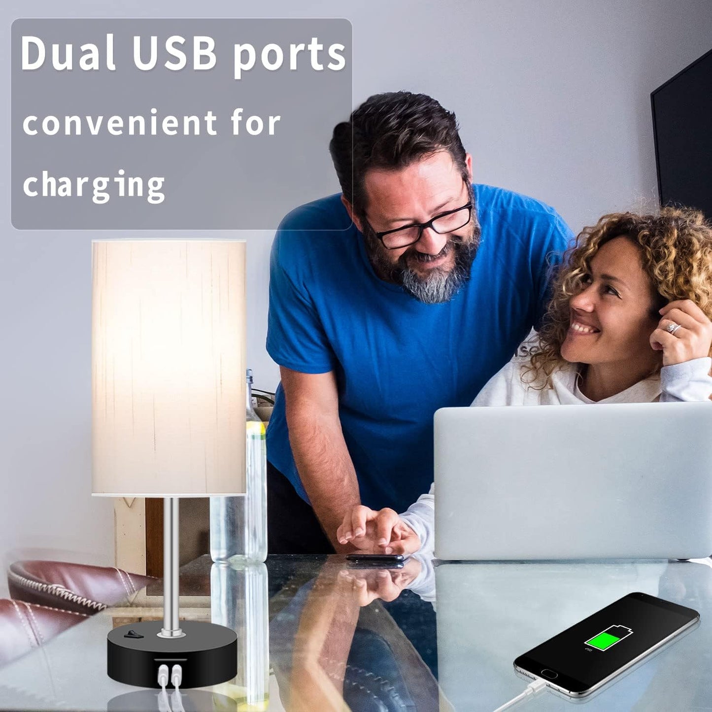 Bedroom Lamp with Smart RGB LED Bulb, Multicolor Changing Table Lamp for Bedroom with 2 USB Port, Dimmable Bedside Lamp Work with Alexa, Smart Nightstand Light for Living Room Sync with Music(2.4GHz) | Multicolor Changing;Dimmable;Alexa Control