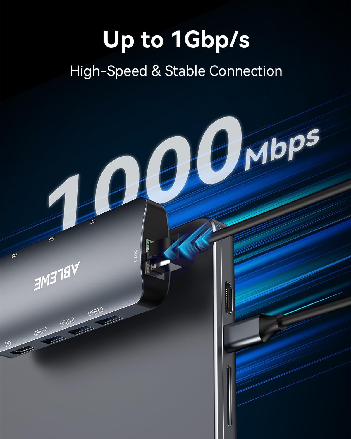 ABLEWE USB C Hub Ethernet 8-in-1, Multiport USB C to HDMI Hub, 4K@60Hz,1000Mbps, 100W PD, 3 USB 3.0 Ports, Docking Station Compatible with MacBook Pro/Air, Tablet, Phone, Type C Devices