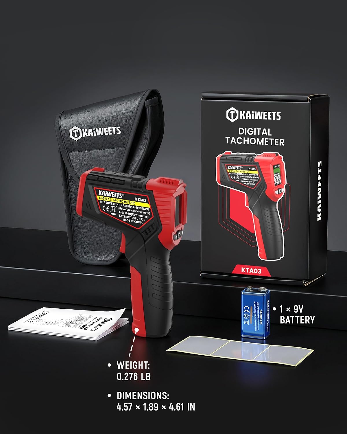 KAIWEETS Laser Tachometer Digital RPM Meter Non Contact Motor Speed Tester 10-99999 RPM, Handheld Tachometer with Large LCD Display, Max Min Memory, Reflective Tape for Engines Motors Fans