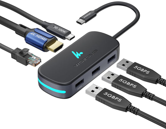 Type C 6 in 1 Wozoyo Docking Station with 3XUSB 5Gbps (3.2 Gen 1), 4K@60Hz HDMI, 1Gbps Ethernet & PD 100W, USB-C Hub, Thunderbolt 4 Compatible, Compatibility with macOS, Windows, Android & iOS