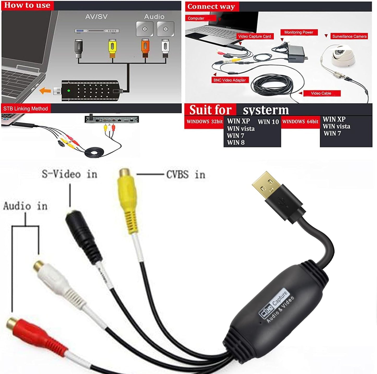 VHS to Digital Converter,Video Capture Card USB 2.0 Video Capture Card Device Old VHS Mini DV Hi8 DVD VCR to Digital Converter Compatible whit Mac, PC Support Windows 2000/10 / 8/7 / Vista/XP/Android