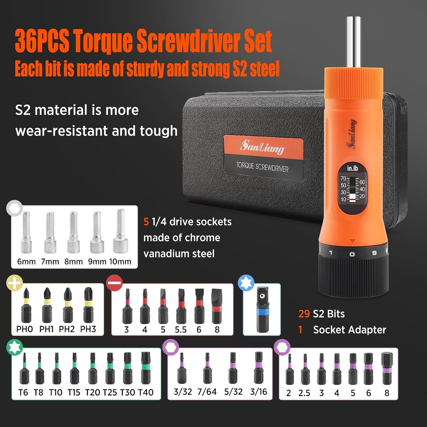 Sanliang 36Pcs Torque Screwdriver Wrench Driver Set 10-70 Inch Pounds lbs with 29 S2 Bits，5 Drive Sockets ，1/4" Socket Adapter for Maintenance,Tools, Bike Repairing and Mounting.