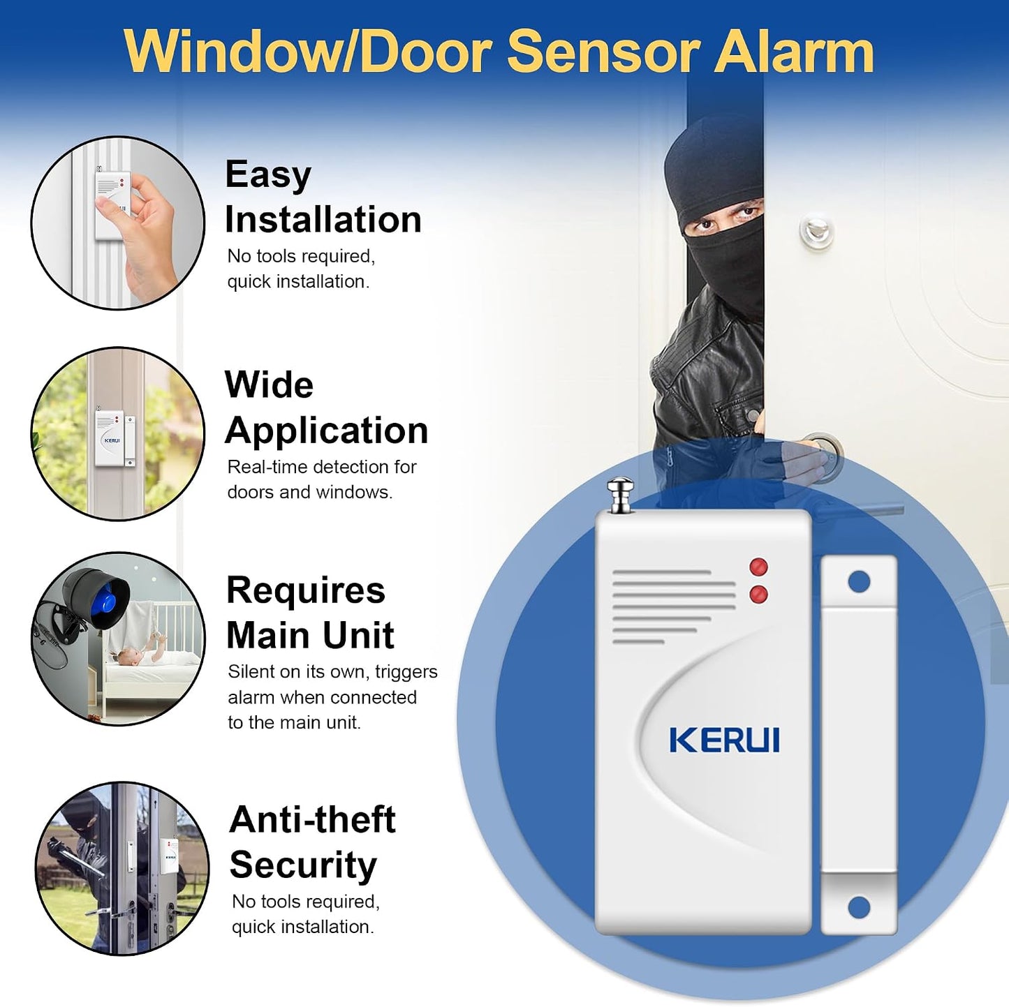 WiFi Alarm Home Security System, Wireless Alarm System with Loud 120dB Motion Sensor Siren, Window Door Alarms Sensor, Remote Control for Shed Garage(SetG)