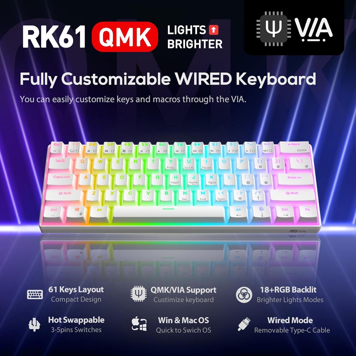 RK ROYAL KLUDGE RK61 Wired 60% Mechanical Gaming Keyboard, Compact PC Game Keyboards with QMK/VIA Programmable RGB Backlit, Hot Swappable Custom Keyboard for Win/Mac, Pre-lubed Red Switch, White