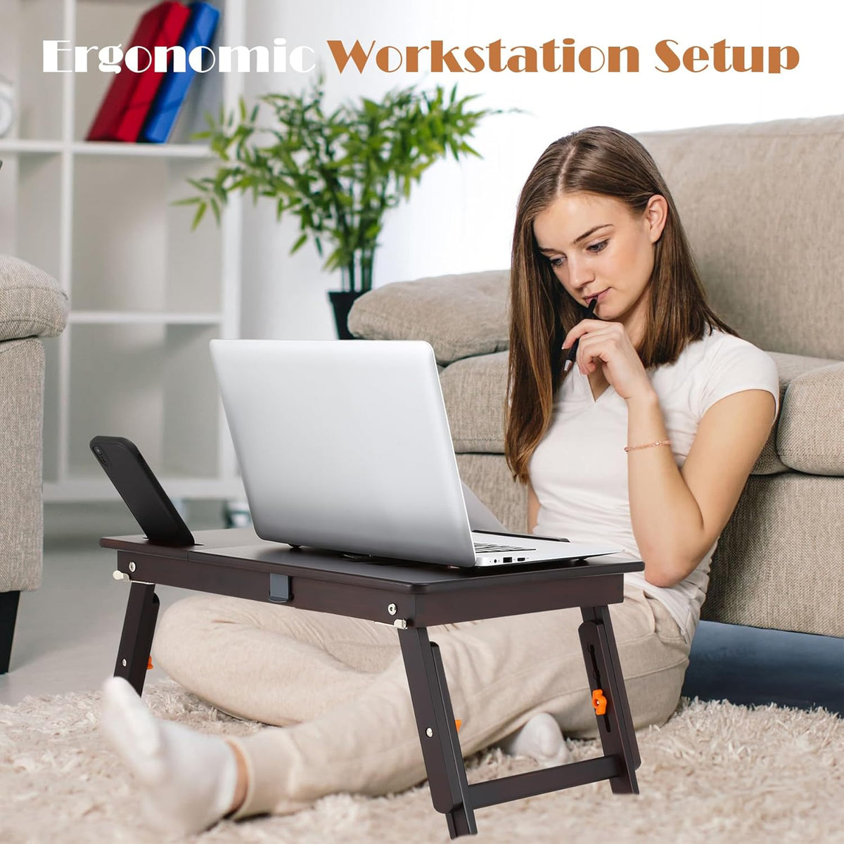 Nnewvante Laptop Desk with Fan 7 Angles & 4 Heights Adjustable,Black Walnut | Bamboo Foldable Lap Desk with Drawer, Phone Slot for Bed Floor