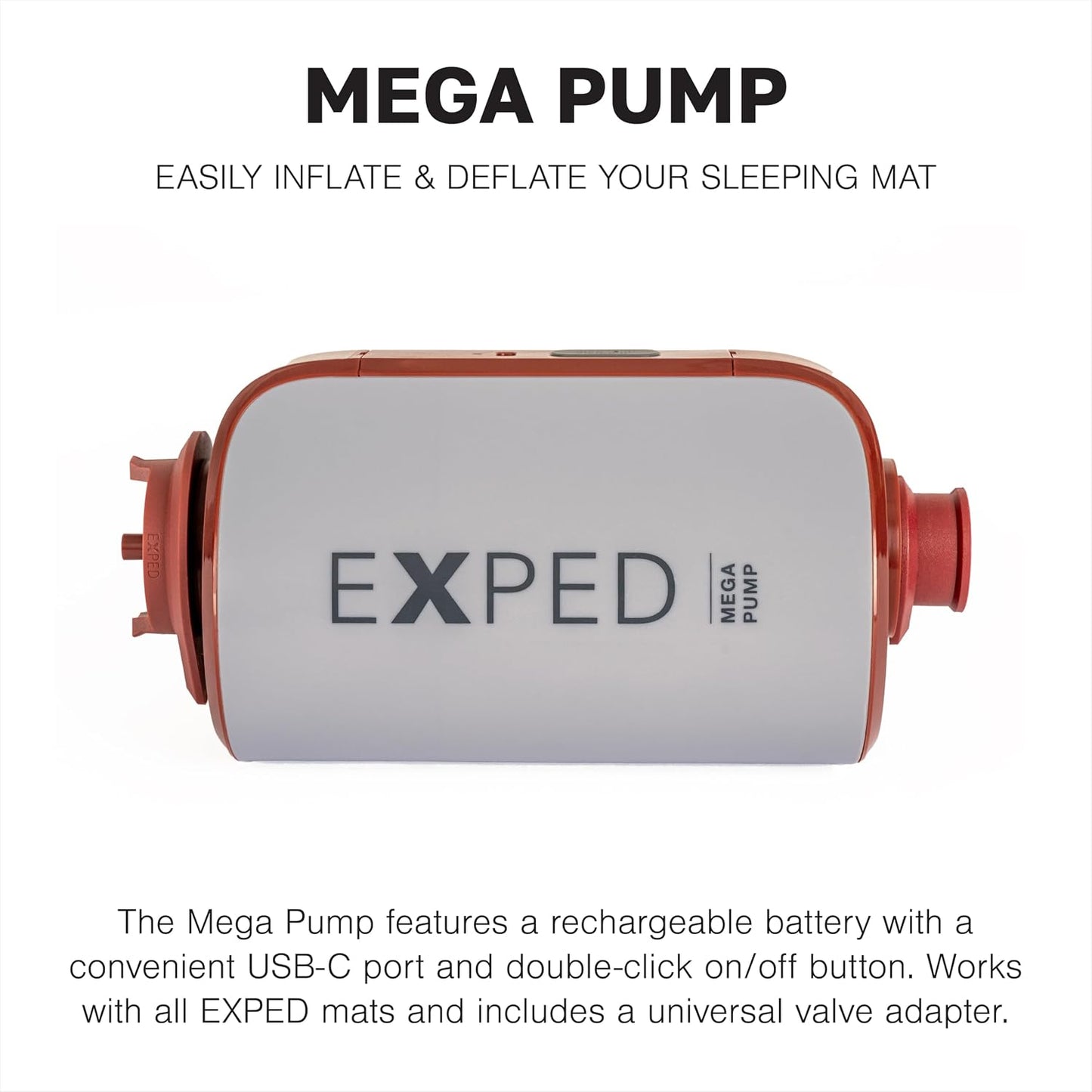 Exped Mega Pump | High Power Portable Electric Air for Inflating and Deflating Camping Pad, Rechargeable Battery USB-C Port
