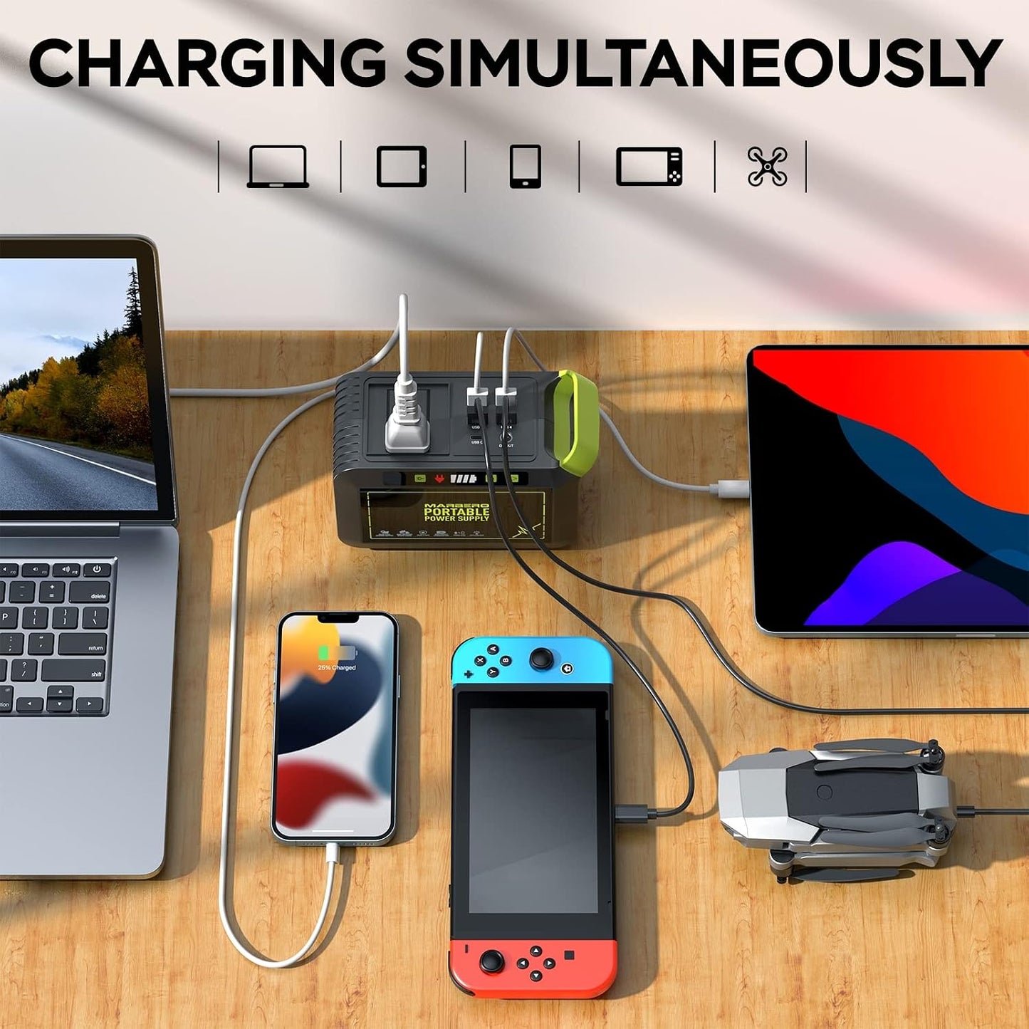 MARBERO Portable Power Station 88Wh, 120W Surge, Solar Generator 24,000mAh | Power Bank with AC Outlet 110V Portable Generator, 8 Output Ports for Camping Home Backup Outdoor Emergency Hunting Fishing
