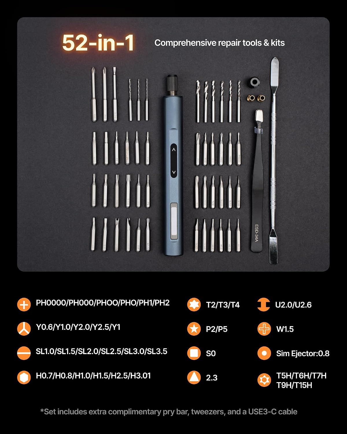 xTool Selected 52-in-1 Mini Electric Screwdriver and Drill, 48 Bits, 400RPM | 39 screw bits plus 9 drill bits, 5 torque levels 0.1-3 N.m, 400 RPM; drills and drives on PC, phone, laptop, drone